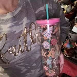 Large Gingerbread Man Pink Festive Travel  Tumbler with Straw New